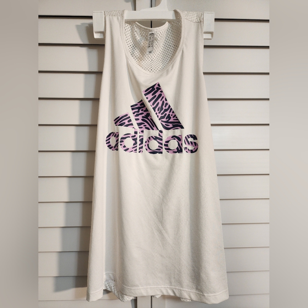 Adidas White Racerback Tank Top AEROREADY Pink & Navy Logo Zoe Saldana colab  XL